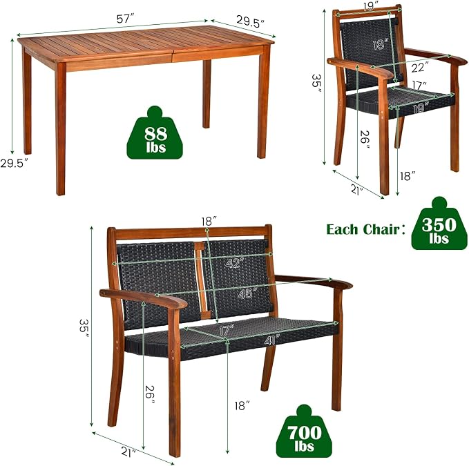 Tangkula 4 Pieces Patio Dining Set, Patiojoy Outdoor PE Rattan & Acacia Wood Dining Table Set with Umbrella Hole, Patio Armchairs and Rectangle Table Set for Garden, Backyard and Poolside