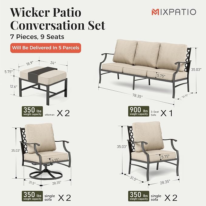 MIXPATIO Patio Furniture Set 7 pcs, Outdoor Patio Furniture, 3-Seat Sofa, 2 Single Chairs, 2 Swivel Chairs, 2 Ottomans and 5.75" Extra Thick Cushion, Patio Conversation Set for Backyard Deck,Beige