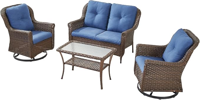 4 Pieces Patio Furniture Set-All Weather Wicker Rattan Swivel Patio Chairs Set of 2 with Patio Loveseat Outdoor Furniture for Patio Deck Porch Garden Backyard-Brown/Blue