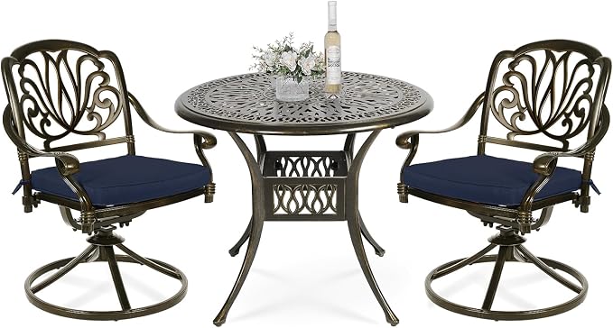 VIVIJASON 3-Piece Patio Furniture Dining Set, Outdoor All-Weather Cast Aluminum Bistro Set, Include 2 Swivel Chairs and 35.4" Round Table w/Umbrella Hole for Balcony, Lawn, Garden (Navy Blue Cushion)