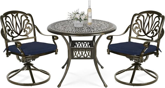 VIVIJASON 3-Piece Patio Furniture Dining Set, Outdoor All-Weather Cast Aluminum Bistro Set, Include 2 Swivel Chairs and 35.4" Round Table w/Umbrella Hole for Balcony, Lawn, Garden (Navy Blue Cushion)