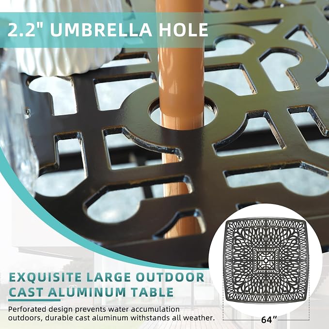 MEETWARM 9-Piece Outdoor Patio Dining Set, All Weather Cast Aluminum Patio Funiture Table and Chairs Set- Large 64" Square Table and 8 Cushioned Swivel Rocker Chairs, Umbrella Hole, Navy Blue