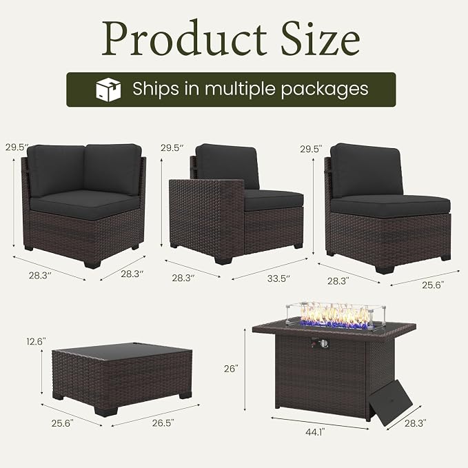 LayinSun 7 Pieces Outdoor Patio Furniture Set with 44" Fire Pit Table Brown Rattan Sectional Sofa Conversation Sets