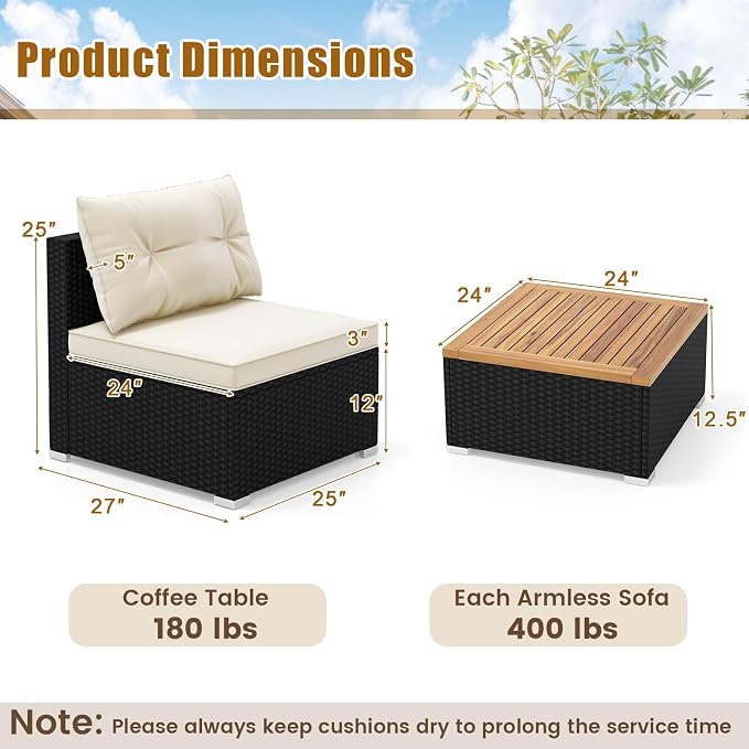 5 Pieces Patio Furniture Set, Outdoor Sectional Sofa with Acacia Wood Coffee Table & Cushions, Wicker Patio Conversation Set for Porch, Deck, Balcony, Poolside & Backyard (Off White)