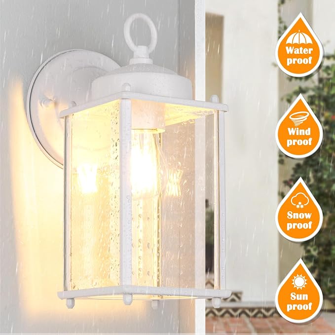MATAMEYE Large Outdoor Wall Lantern, Exterior Waterproof Wall Sconce Light Fixtures, White Front Door Lighting with Clear Beveled Glass, Anti-Rust E26 Socket Porch Lamp, 2 Pack