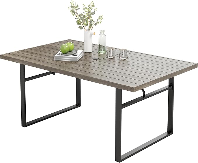 MIXPATIO Outdoor Patio Dining Table for 6, Teak Rectangle Patio Table with Umbrella Hole, All Weather Wrought Iron Black Outdoor Table for Garden Backyard Lawn Yard