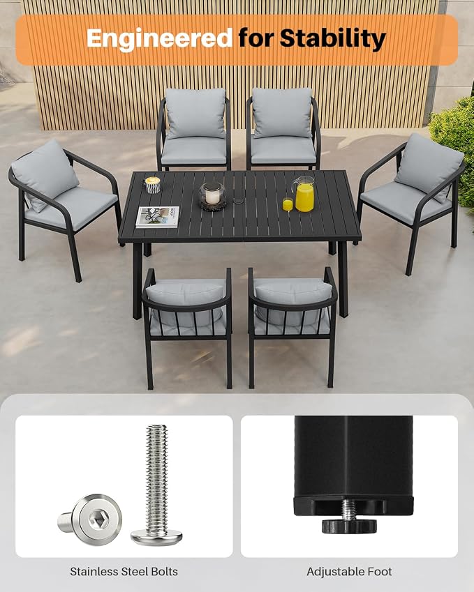 Outdoor Dining Table for 8, Never-Rust Aluminum Patio Dining Table, 82"×35" Large Rectangle Patio Table with Umbrella Hole, Outdoor Table Slatted Tabletop for Balcony, Deck, Commercial, Black