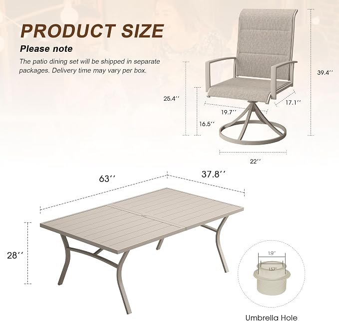VICLLAX 7 Pieces Outdoor Dining Set, Patio Furniture Set Includes 63" Rectangular Metal Table W/ 1.9" Umbrella Hole and 6 Padded Textilene Swivel Chairs for Porch, Lawn, Garden, Backyard