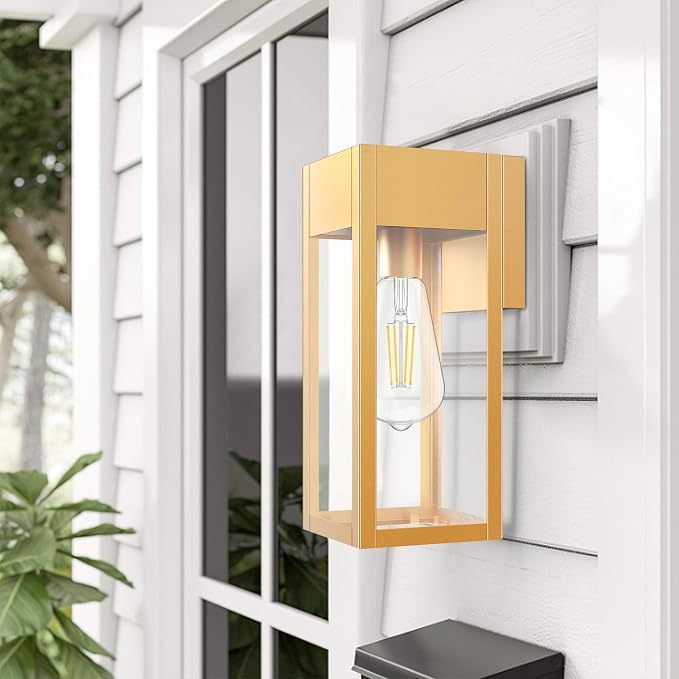 2 Pack Porch Lights Outdoor Wall Sconce, Outdoor Light with GFCI Outlet, Waterproof Exterior Wall Lantern Light Fixtures, Anti-Rust Wall Lamp with Clear Glass for Patio Doorway Garage- Gold