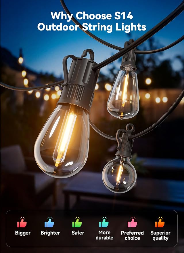 Minetom 101FT Outdoor String LED Patio Lights Waterproof,Shatterproof S14 Vintage Edison Bulbs,Commercial Grade Outside Hanging Lights Waterproof for Porch Deck Garden Backyard Balcony Cafe Bistro