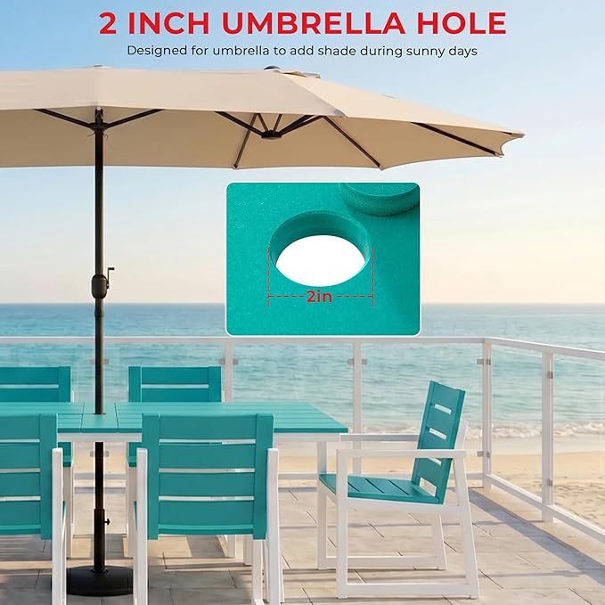 Costaelm Rectangle Patio Table, 8-Person Backyard Table 90" HDPE Dining Table with Umbrella Hole and Metal Frame for Outside, Garden, Poolside, Deck, Porch, Balcony, Turquoise