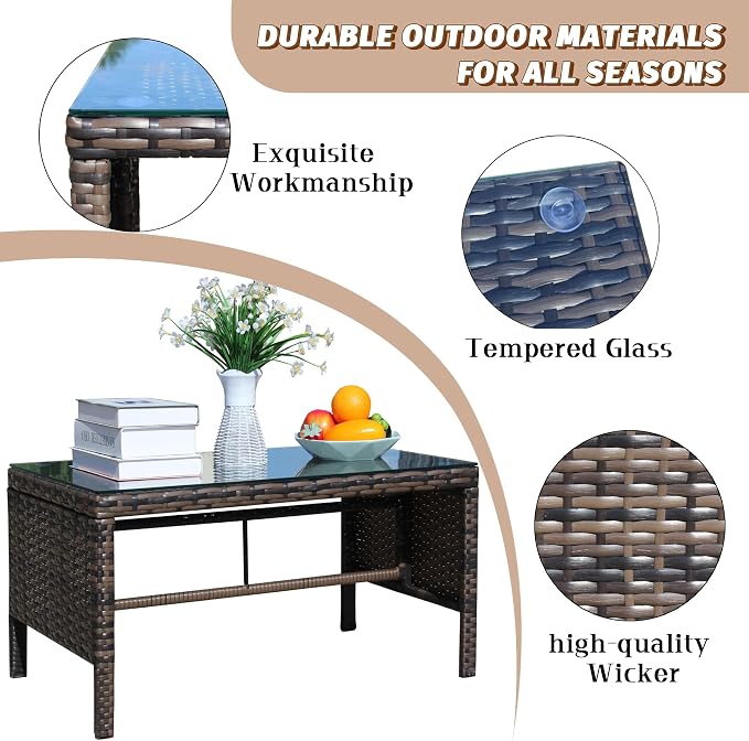 Outdoor Rattan Patio Side Tables, Wicker Table with Clear Tempered Glass Top, Patio End Tables with Storage Shelf, Outdoor Small Tables for Patio,Porch,Balcony,Backyard (Brown, 30.75 Inch)