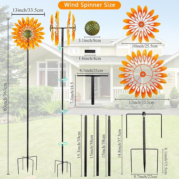 VEWOGARDEN Sunflower Wind Spinner with 4 Blades, Metal Kinetic Wind Spinners Outdoor for Yard, Garden, Lawn Decorations