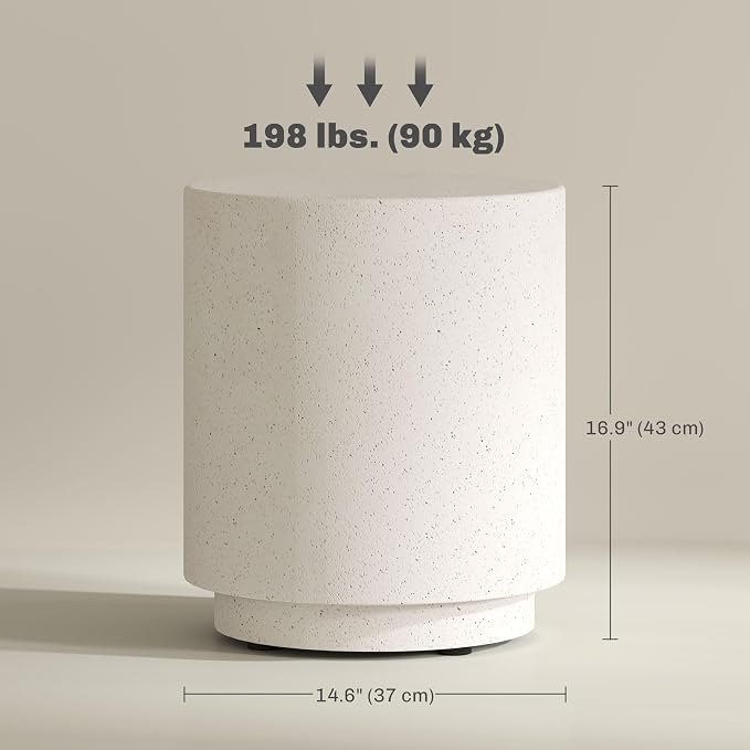 HOMCOM Concrete Finish Side Table, Lightweight Accent Table, 17" Patio Round Stump End Table with 4 Adjustable Feet for Indoor, Outdoor, Cream White