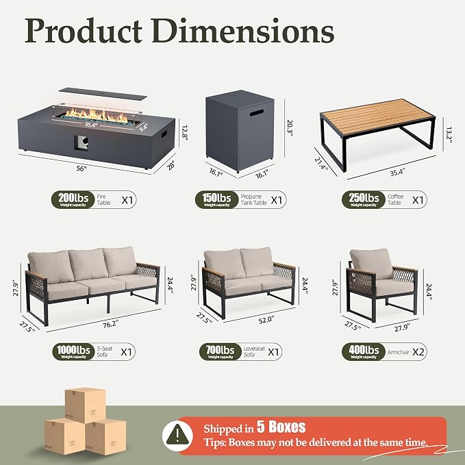 UPHA 7 Pieces Patio Furniture Set with 56" Propane Gas Fire Pit Table, Metal Outdoor Sectional Couch Set with Loveseat & 3-Seat Sofa, Modern Patio Conversation Set for Porch Balcony Deck, Beige