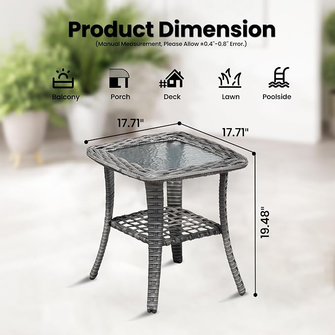 ovios Outdoor Patio Side Table with Tempered Glass Top Wicker Coffee Tables for Garden Porch Yard Deck Balcony, Grey Rattan