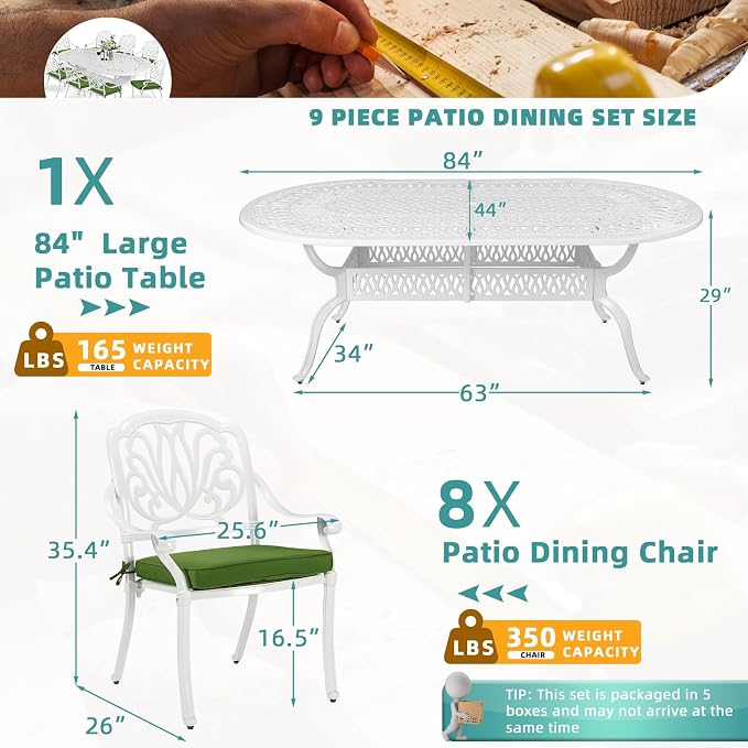 MEETWARM 9-Piece Outdoor Patio Dining Set, All-Weather Cast Aluminum Patio Conversation Set for Backyard Garden Deck with 1 Oval Table, 8 Outdoor Dining Cushioned Chairs, 2" Umbrella Hole, White