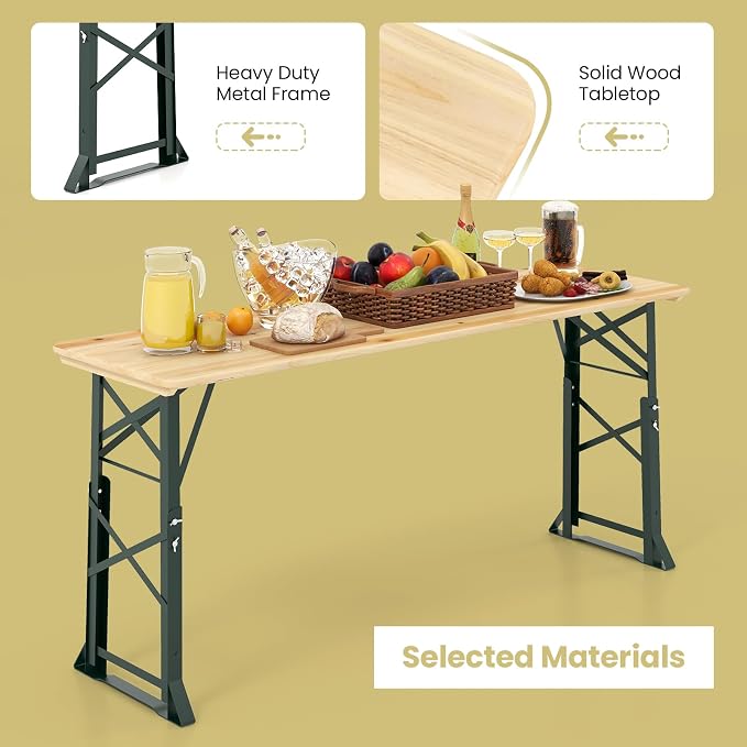 Giantex Folding Picnic Table, 66.5” Outdoor Patio Beer Table with Adjustable Heights, Rectangular Wood Portable Dining Table for Camping, RV, Garden, Party, Backyard, Natural