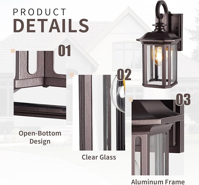 Dusk to Dawn Outdoor Wall Light Fixtures,14'' Outdoor Porch Sconces Lighting , Waterproof Wall Lanterns with E26 Sockets & Glass Shades, Modern Oil Rubbed Bronze Outside Lights for Front Door Entryway