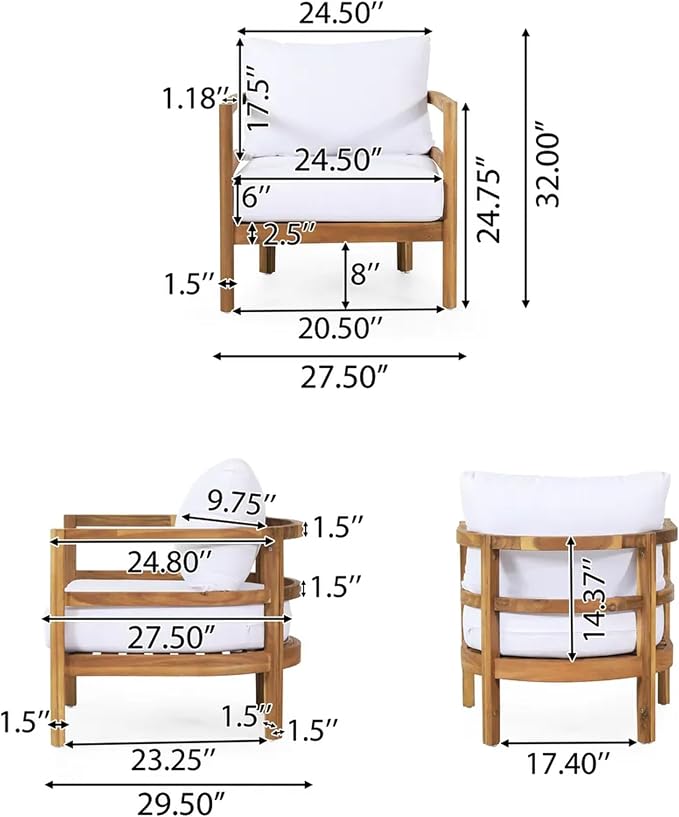 Christopher Knight Home Molly 5-Piece Patio Furniture Set, Solid Wood Outdoor Conversation Set with Coffee Table, Outdoor Sofa Set with Loveseat, Club Chairs And 3-Seater Sofa for Backyard, Teak+White