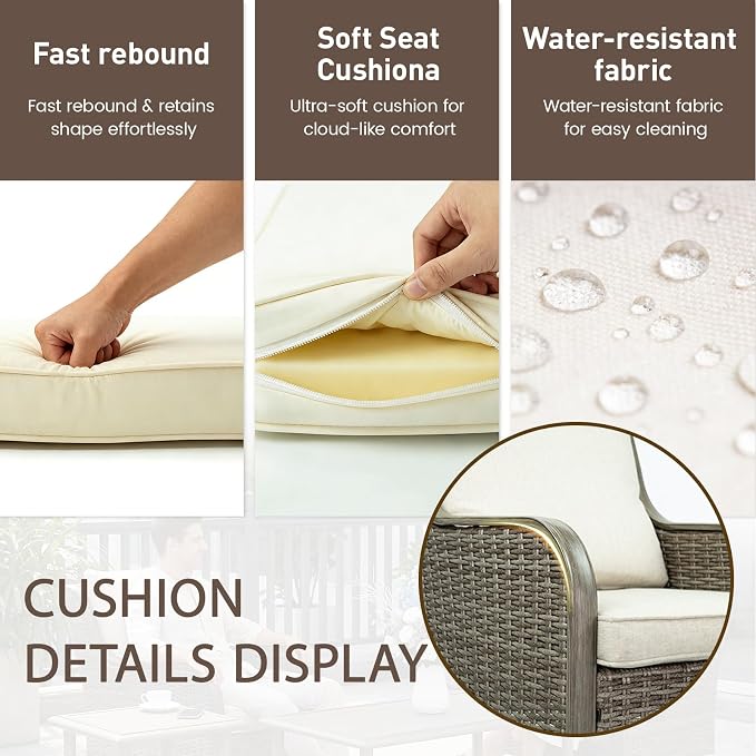 3-Piece Patio Furniture Set, 2 Swivel PE Wicker Chairs & Rattan Side Table, Outdoor Patio Swivel Rocker Seating for Porch Deck Balcony with Water-Resistant Cushions (Beige, 3-PCS)