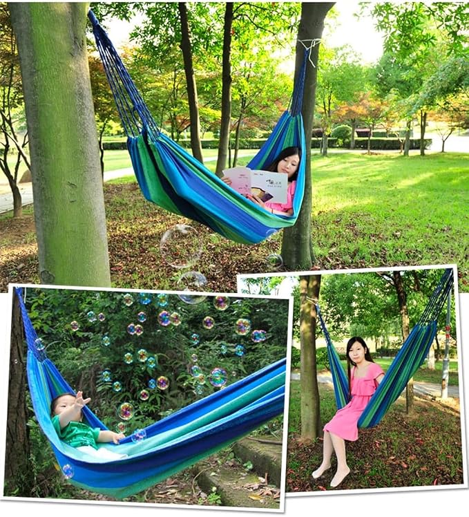 Portable Cotton Hammock, Suitable for Hanging Durable hammocks, Perfect for Camping Outdoor/Indoor Backyard, with Hanging Ropes and Carrying Bags (Blue, X-Large)