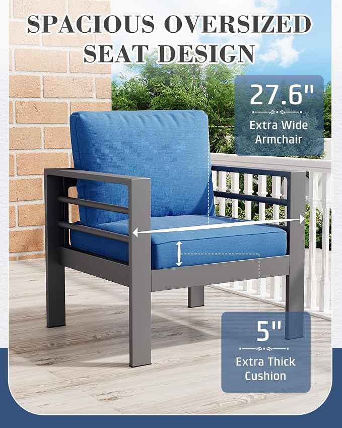 AECOJOY Aluminum Patio Furniture Set, 5 Seats Modern Outdoor Furniture with Coffee Table, 4 Pieces Metal Conversation Sectional Sofa, Blue