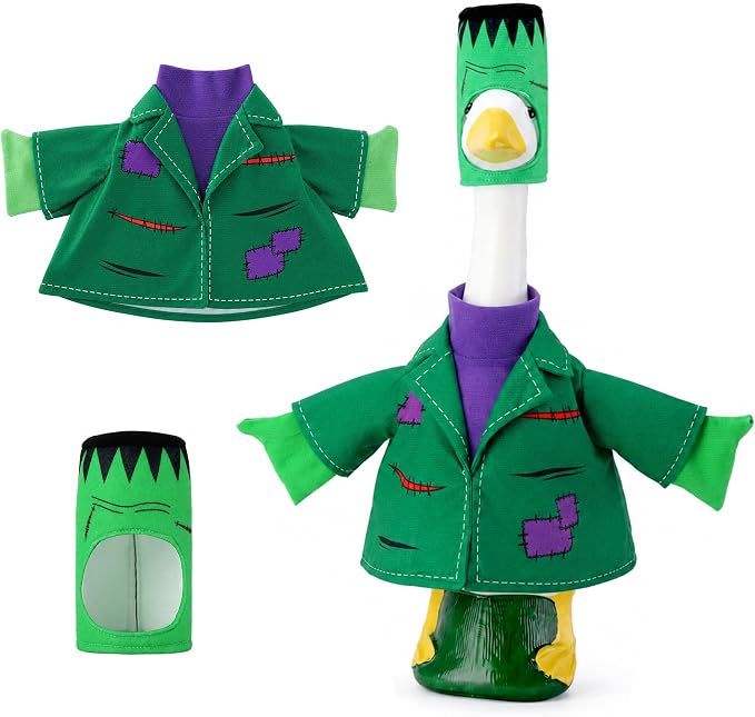 Watayo 2 Pcs/Set Halloween Monster Goose Outfits, Porch Goose Statue Monsters Costume, Dark Green Lawn Goose Monster Clothes with Hat for 23" Statue Halloween Fall Outdoor Patio Garden Yard Decor