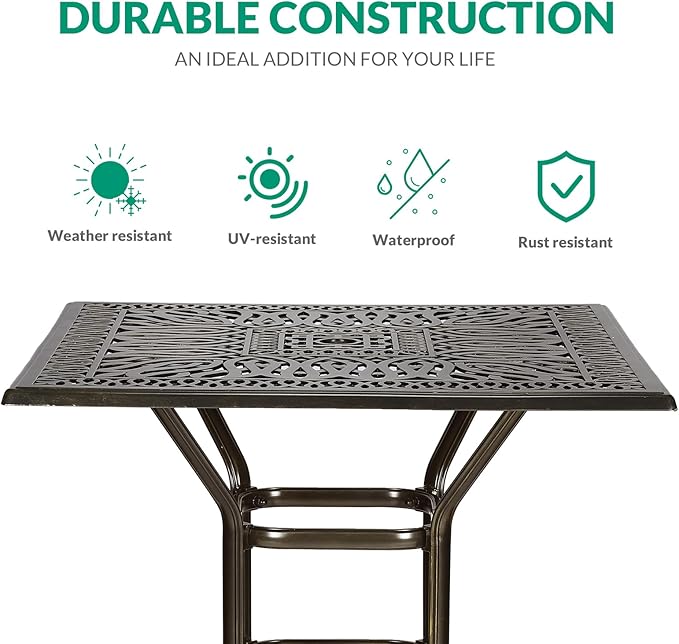 VIVIJASON 35.4" Patio Height Bar Table, All-Weather Cast Aluminum Bar Bistro Table Outdoor Patio Square Dining Table with 2.2" Umbrella Hole for Balcony, Lawn, Garden, Backyard, Antique Bronze