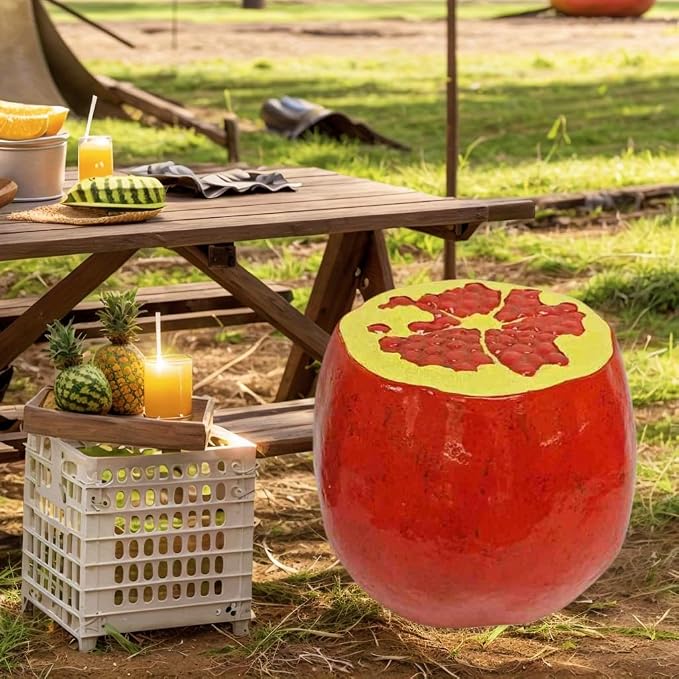 14'' Garden Fruit Design Stool, Decorative Patio Side Tables for Outside / Indoor, Drum Table & Plant Stands Stools for Patio Balcony Living Room, Home Decor, Weather-Resistant (Red, Pomegranate)