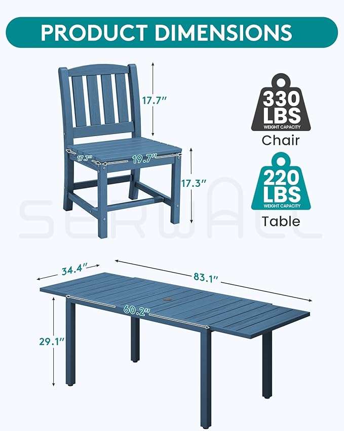 SERWALL Outdoor Patio Dining Set for 6, Blue | 60" - 83" Expandable Outdoor Dining Table and 6 HDPE Chairs, All Weather Material Outdoor Furniture Set Backyard, Garden