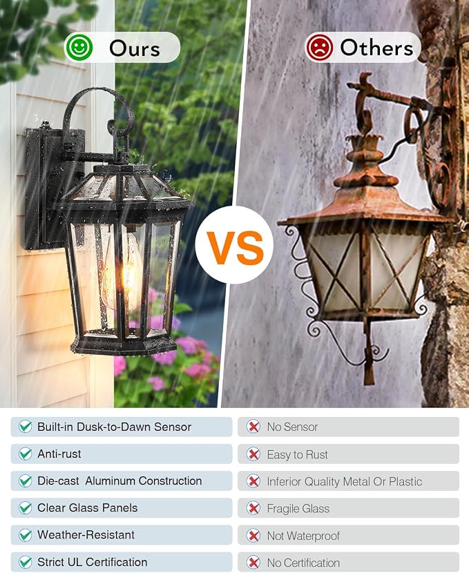 VIANIS Dusk to Dawn Porch Lights Outdoor, Black Outdoor Wall Lantern for House, 100% Anti-Rust Aluminum Outside House Light, Farmhouse Coach Lights for Garage, Front Door, Carriage Lights Exterior