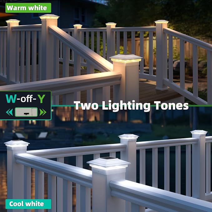 Post Cap Lights Outdoor 6pack, Waterproof Fence Post Solar Lights for 4x4 5x5 6x6 Wood/Vinyl Posts, White Solar Deck Post Lights with 2 Color Modes Decorate Garden Patio Porch Backyard