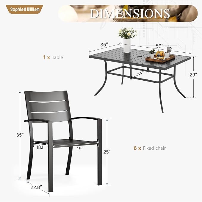 Sophia & William Patio Dining Set Metal Outdoor Table and Chairs Furniture Set 7 Piece, Large 59" Dining Table with Umbrella Hole and 6 Backyard Garden Chairs Support 300LBS for Deck, Lawn, Garden