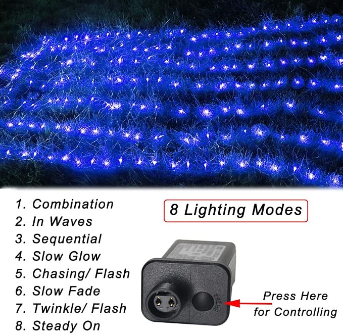 Blue Net Lights, 15x 5ft Christmas Bush Lights Outdoor Green Wire | 300 LED Large Net Mesh Lights Plug in, 8 Modes Waterproof Connectable Bushes Lights for Halloween Hedge Yard Decor