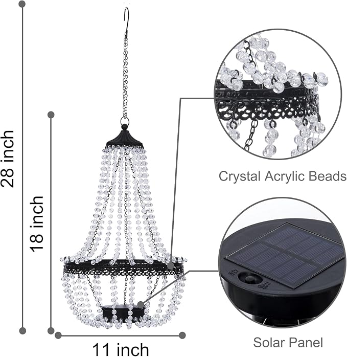 Hanging Solar Lantern Outdoor, 28” Modern Clear Crystal Acrylic Chandelier with 30 Cool White Lights S Hook for Garden, Yard, Patio, Gazebo Decorations