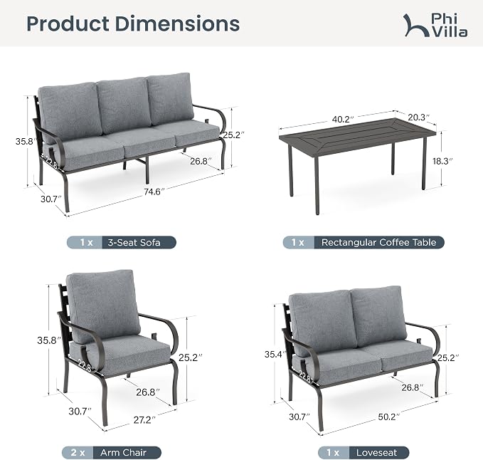 PHI VILLA Patio Furniture Set, 1 Loveseat, 3-Seater Sofa, 2 Fixed Chairs and 1 Coffee Table, Outdoor Metal Conversation Set with 5.75" Extra Thick Cushion for Garden Backyard Deck, Grey