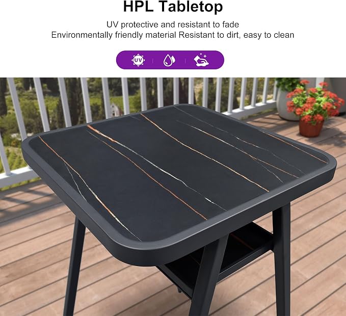 PURPLE LEAF Bar Height Table Patio Round Table with Shelve Dining Coffee Kitchen Breakfast Bistro Outdoor Pub Bar Table for Garden Balcony, Dark Grey