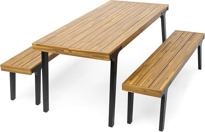 69'' Outdoor Patio Dining Table & 2 Bench for 4, Acacia Wood Farmhouse Dining Table Set Outdoor & Indoor Furniture for Patio Porch Garden, 3-Pcs, Light Teak