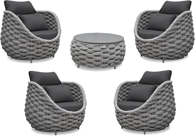Woven Rope Deck Furniture Set: 5 Pieces Aluminum Patio Conversation Set All Weather - Cushioned Outdoor Sofa Set Assembled - Metal Modern Couch Set for 400 lbs Porch Deck Garden Poolside Hotel