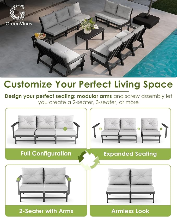 GREENVINES Outdoor-Loveseat | HDPE Plastic | Patio Furniture | All Weather Couch | Sofa with Detachable Armrests | for Porch Deck Lawn | Black Frame Light Gray Cushion