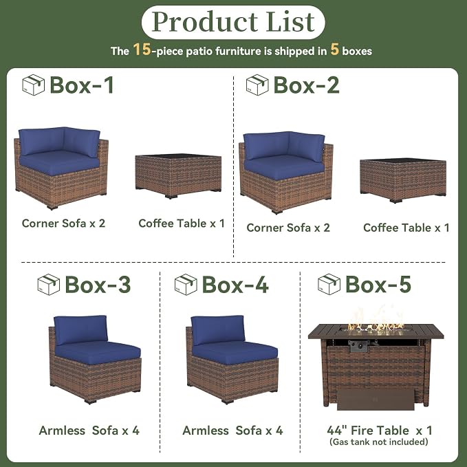 Aoxun 15 Piece Patio Furniture Set with 44” Fire Pit Table Wicker Rattan Outdoor Sectional Sofa Set with Coffee Table and Thickened Cushions, Blue