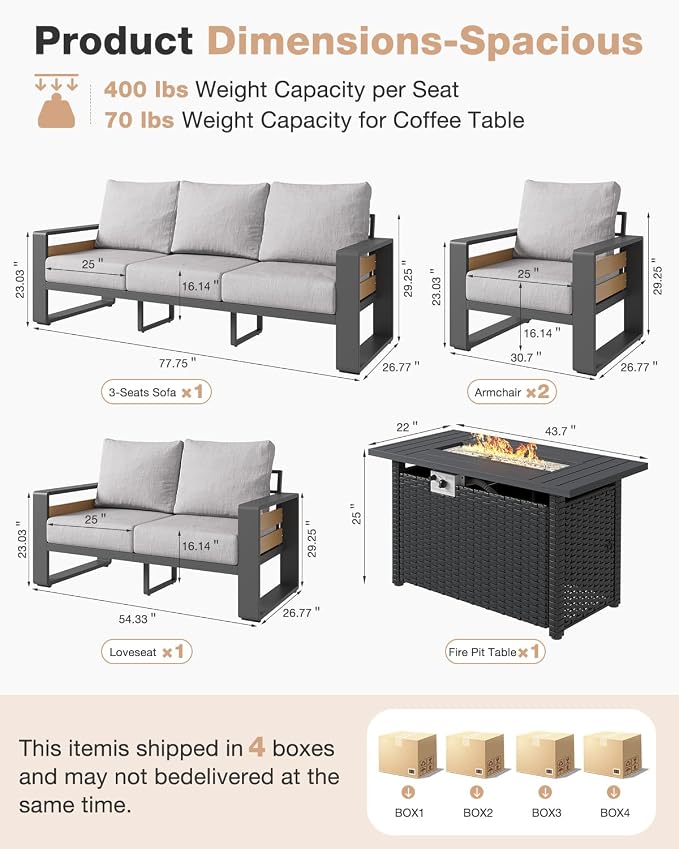 Aoxun Aluminum Patio Furniture Set with Fire Pit Table, 7 Seats Luxury Outdoor Sectional with 6" Olefin Fabric Cushions, Patio Conversation Sets with Waterproof Cover for Backyard, Porch Light Grey