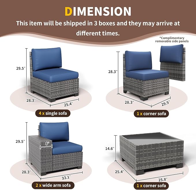 Outdoor Patio Furniture Set, 8‘’ Wide armrest Outdoor Sectional Rattan Sofa Set, Wicker Patio Furniture Sets w/Coffee Table,Thick Cushions and Cover for Porch, Balcony,8 PCS(Grey&Navy)