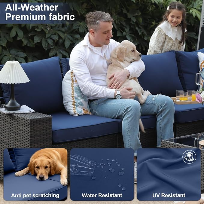 JOYURE 7 Pieces Patio Furniture Set, Outdoor Sofa with Waterproof Cushions, Rattan L Shaped Patio Couch & Coffee Table, Modern Outdoor Furniture for Backyard, Deck, Balcony – Navy