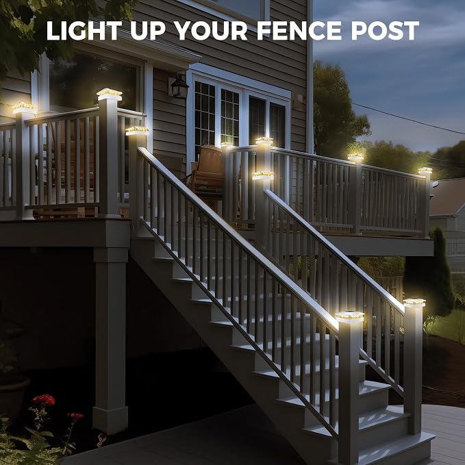 6 Packs 4x4 Post Solar Lights with 3 Modes, Waterproof LED Solar Powered Cap Lights for 4×4/3.5×3.5 Wood/Vinyl Posts, White Post Top Lighting Outdoor for Fence Deck Mailbox Porch Railing