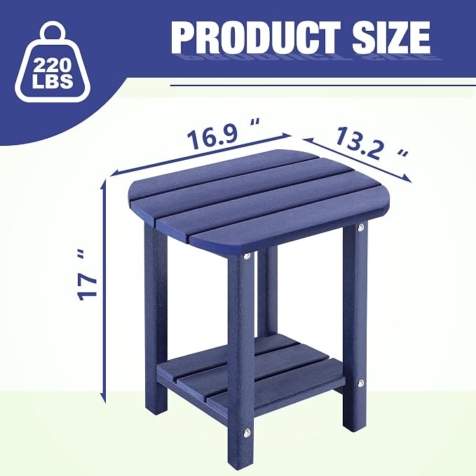 LZRS Patio End Table, Heavy Duty HDPE Outdoor Coffee Table with Wood Texture, Weatherproof Composite Table for Adirondack Chairs, Deck, Pool, Indoor/Outdoor, No Peeling Cracking(Navy Blue)