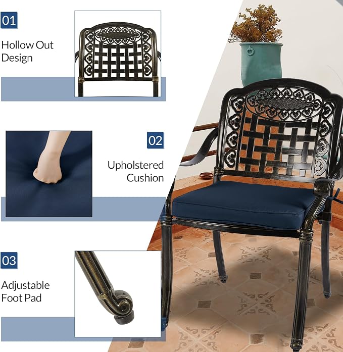 9-Piece Patio Cast Aluminum Dining Set, Outdoor Table and Chairs Set for 8, Includes 64" Large Square Dining Table and 8 Cushioned Chairs with Umbrella Hole for Lawn Garden, Navy Blue
