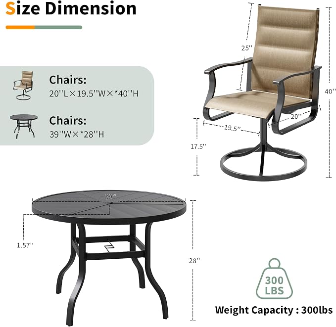 UDPATIO 5 Piece Outdoor Patio Table and Chairs Set, 39" Round Table with Umbrella Hole & 4 Outdoor Swivel Chairs, Patio Table with Chairs, Outdoor Patio Dining Set for Lawn, Deck, Yard