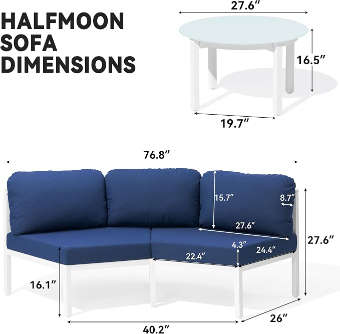 Crestlive Curved Patio Furniture Set, Modular Half Moon 6-Seater Sofa with Round Coffee Table, Aluminum Outdoor Sectional with 4.3" Cushions, All-Weather Couch for Backyard, Deck, Porch, Poolside